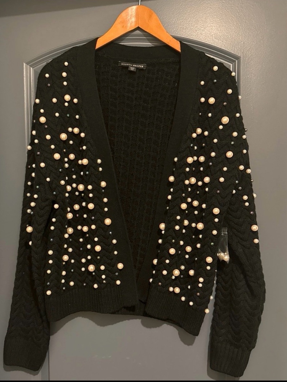 Boston Proper Black Pearl-Embellished Cardigan